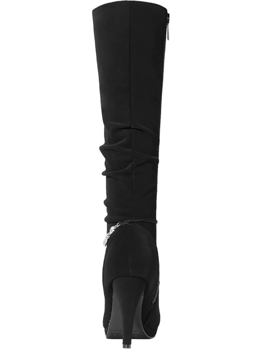 Women's Black Nubuck Stiletto Heel Rhinestone Chain Side Zipper Knee High Boots